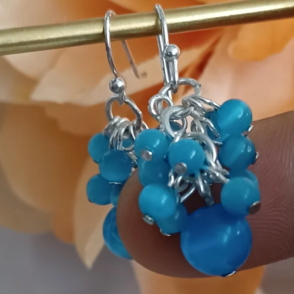 Powder Blue Beaded Cluster Earrings - Picture 5 of 6
